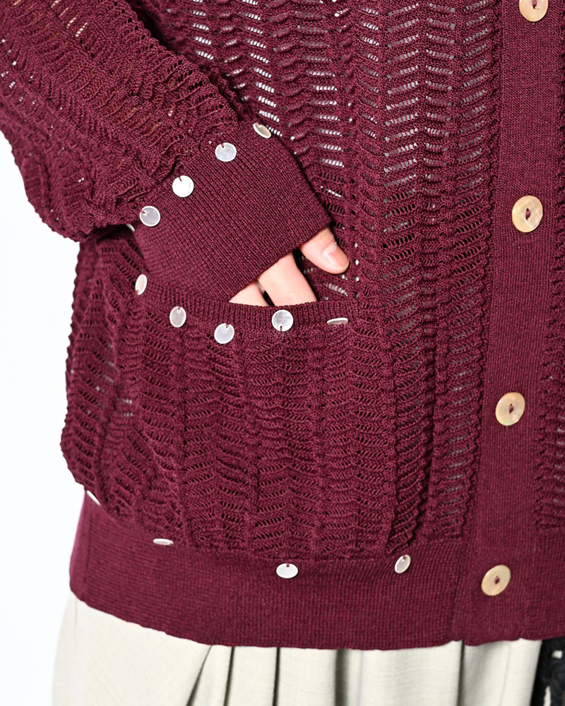 SHELL LACE KNIT CARDIGAN -BURGUNDY-