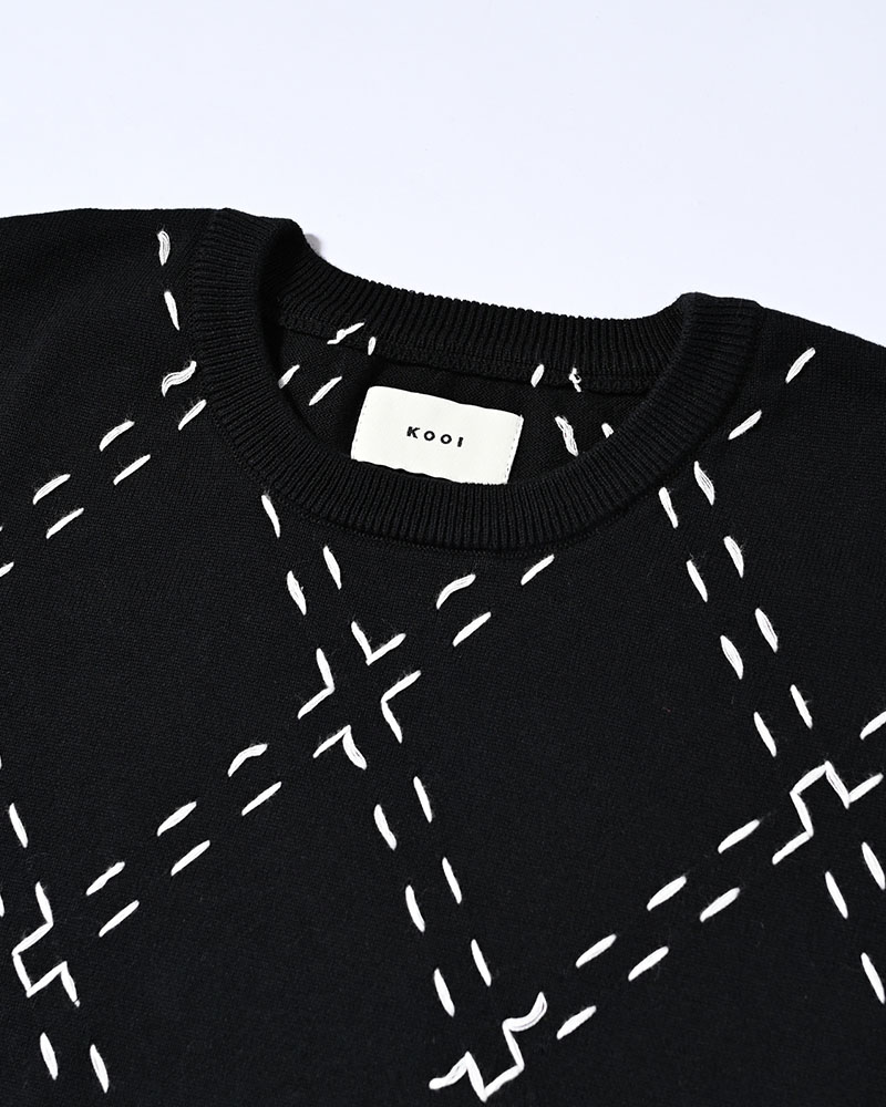 DIAMOND STITCH KNIT TEE -BLACK-