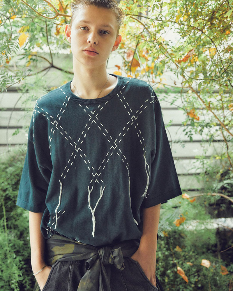 DIAMOND STITCH KNIT TEE -GREEN-