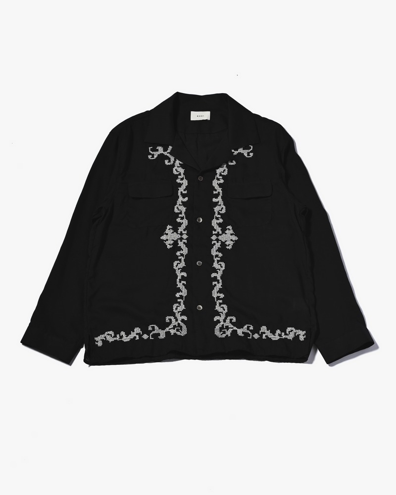 CROSS STITCH ORNAMENT SHIRT -BLACK-