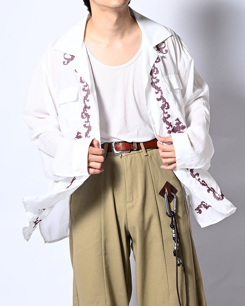 CROSS STITCH ORNAMENT SHIRT -WHITE-