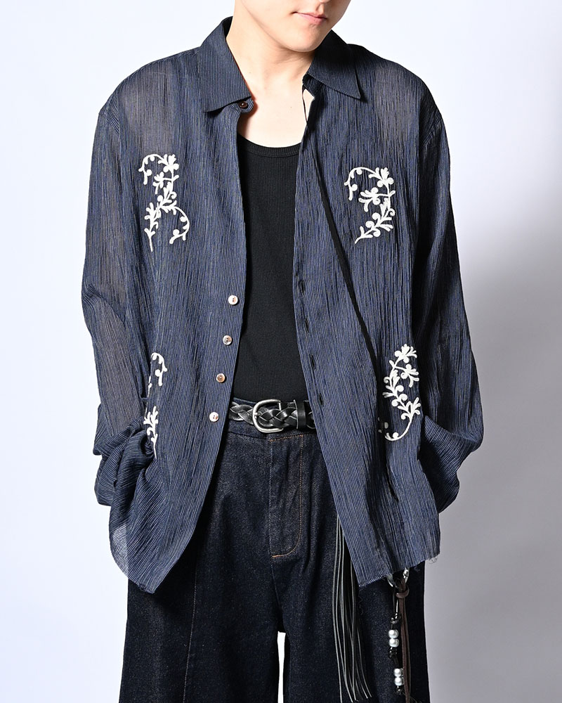 CHAIN FLOWER CUT OFF SHIRT -NAVY-