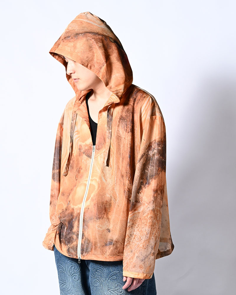 NATURE PRINT SHEER ZIP HOODIE -BEIGE-