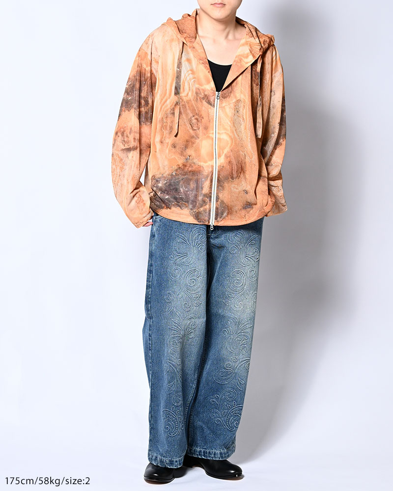 NATURE PRINT SHEER ZIP HOODIE -BEIGE-