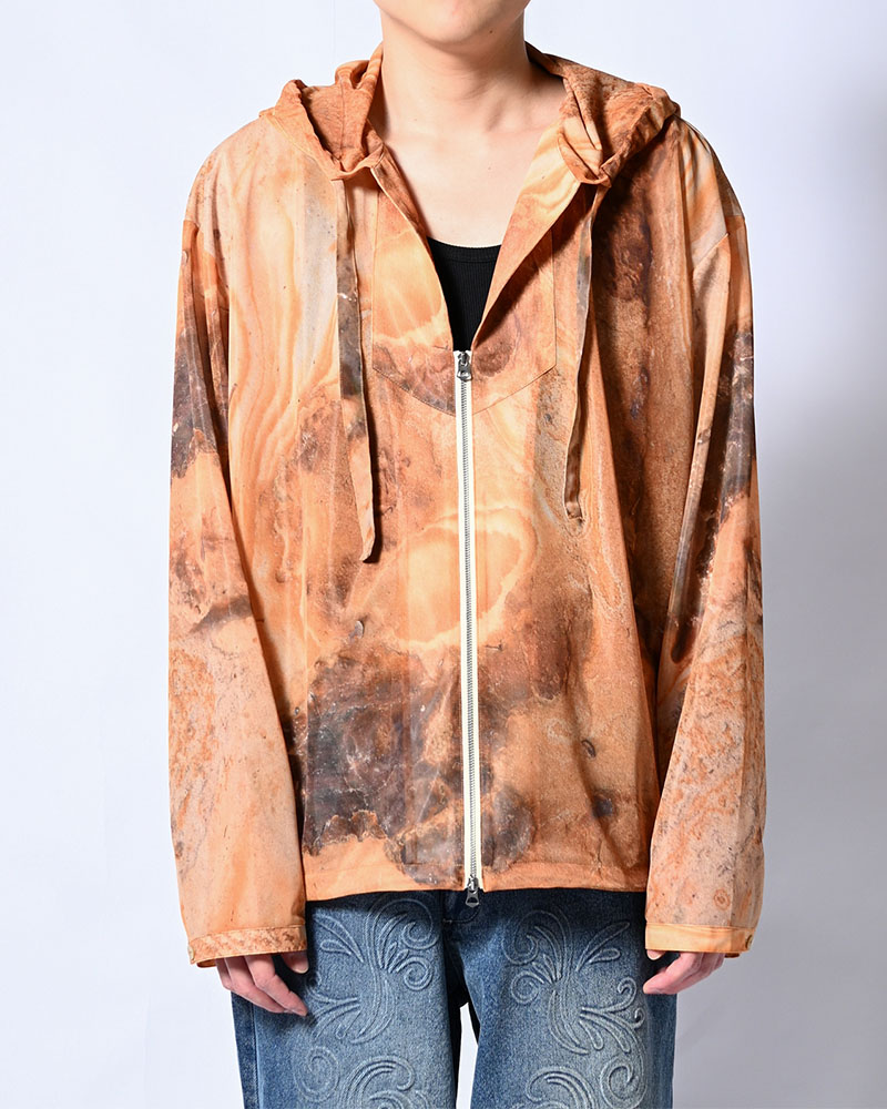 NATURE PRINT SHEER ZIP HOODIE -BEIGE-