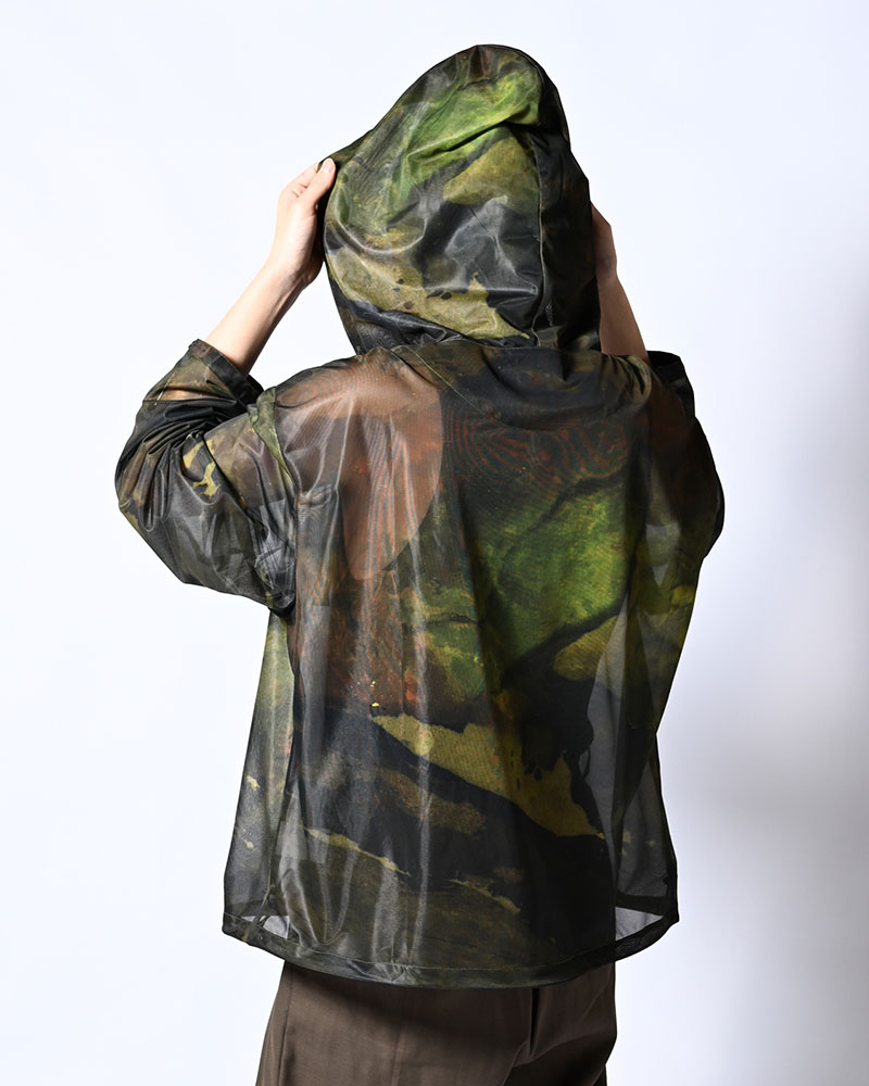 NATURE PRINT SHEER ZIP HOODIE -KHAKI-