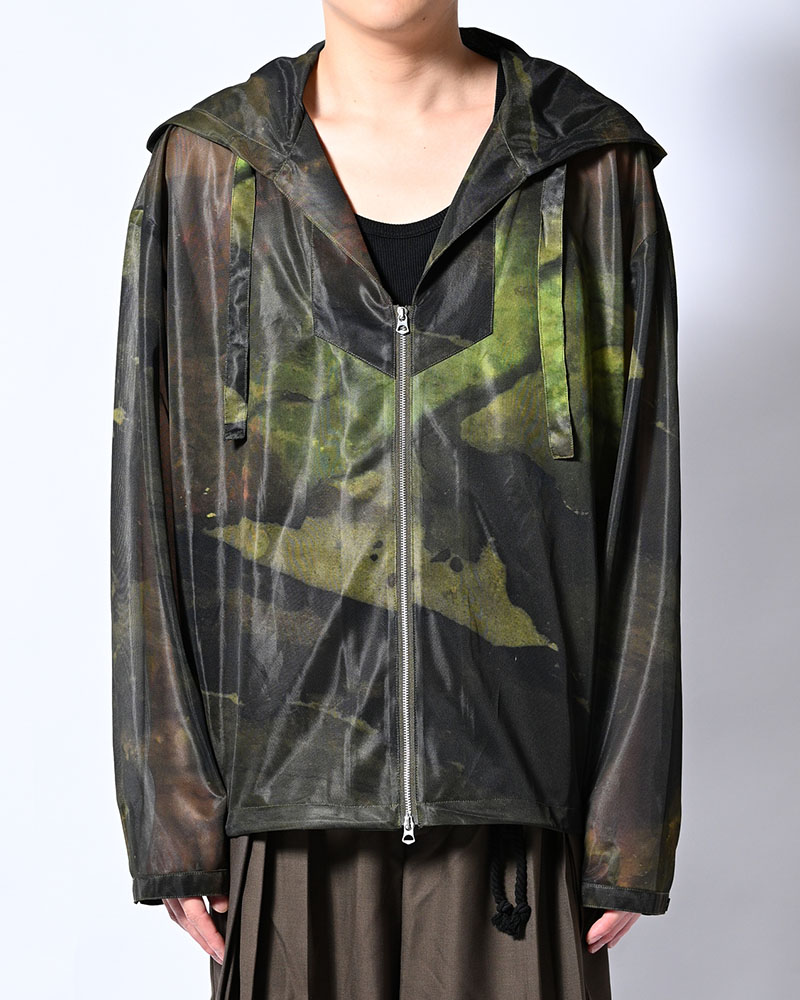 NATURE PRINT SHEER ZIP HOODIE -KHAKI-