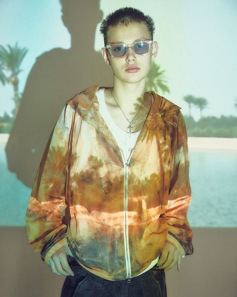 NATURE PRINT SHEER ZIP HOODIE -KHAKI-