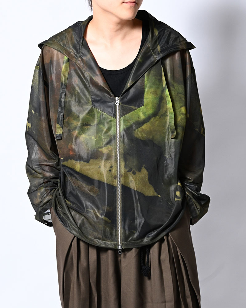NATURE PRINT SHEER ZIP HOODIE -KHAKI-