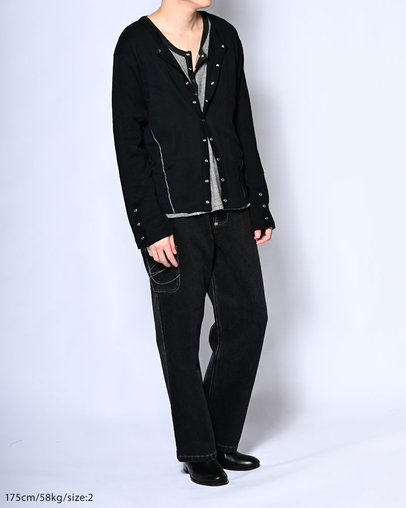 STITCH PANEL RIBBED CARDIGAN -BLACK-