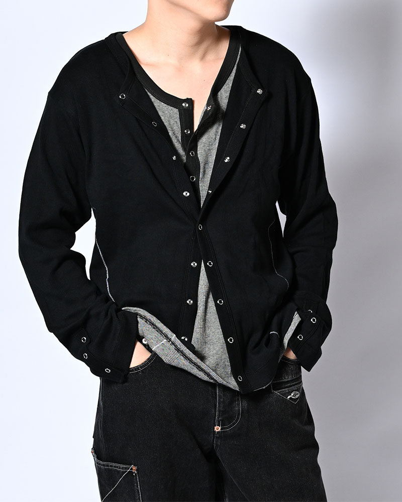 STITCH PANEL RIBBED CARDIGAN -BLACK-