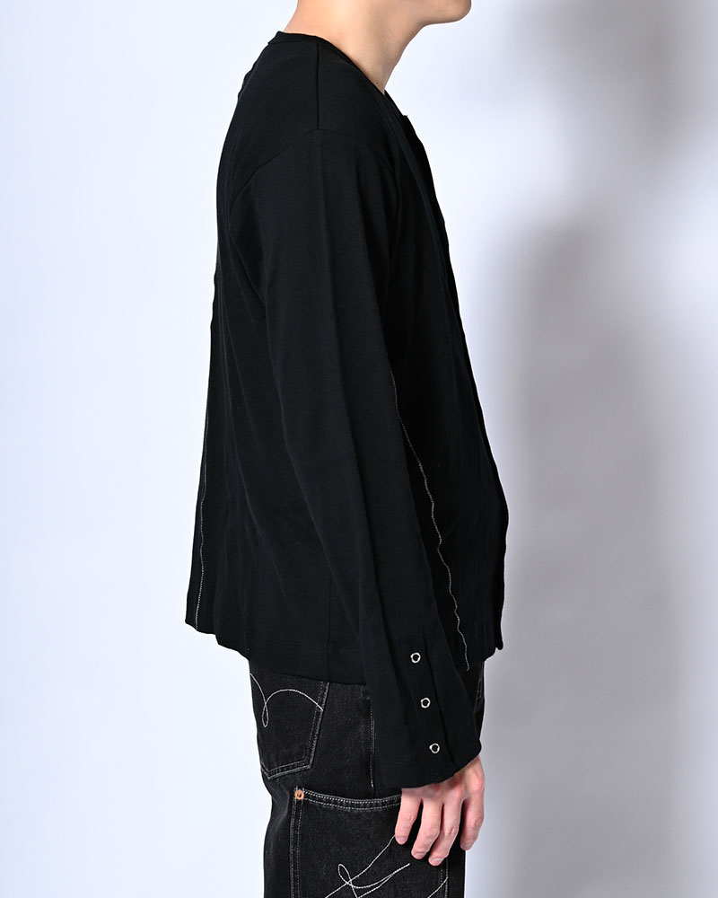 STITCH PANEL RIBBED CARDIGAN -BLACK-