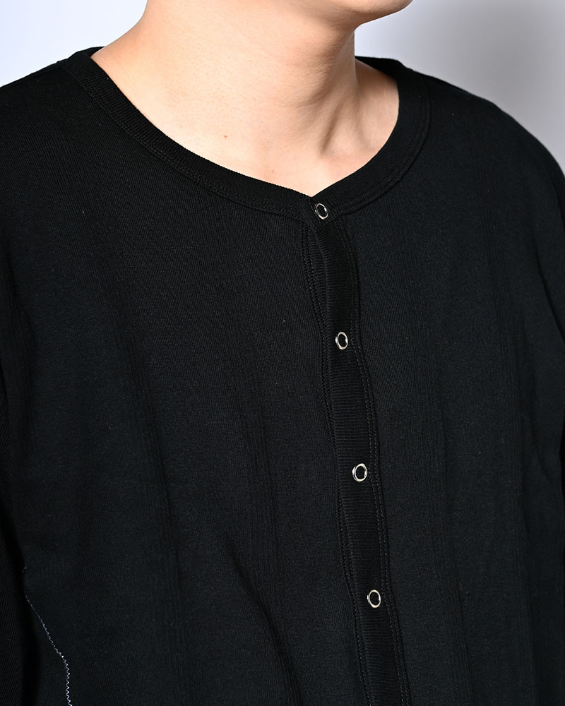 STITCH PANEL RIBBED CARDIGAN -BLACK-