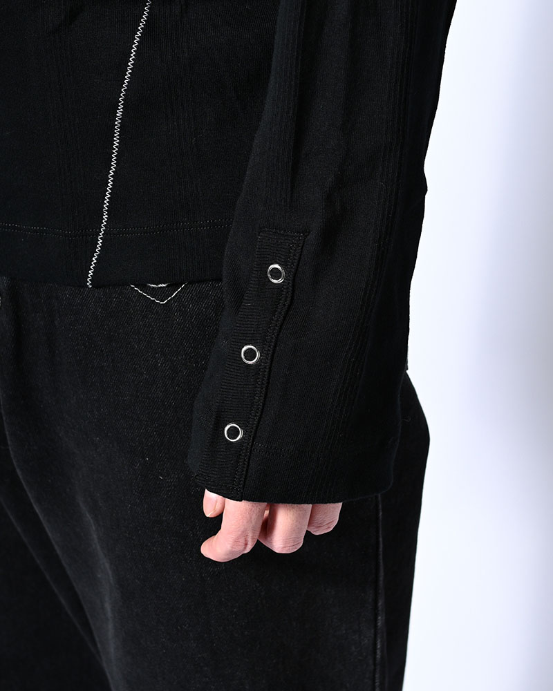 STITCH PANEL RIBBED CARDIGAN -BLACK-