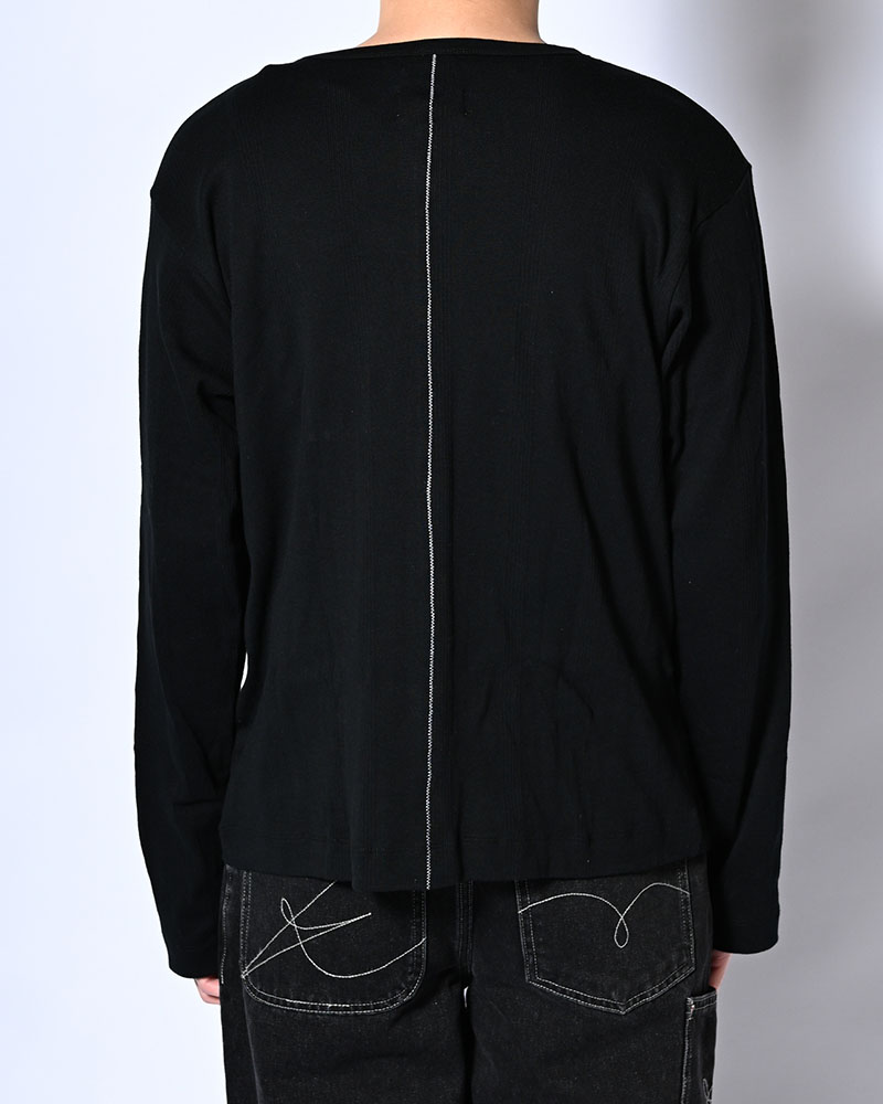 STITCH PANEL RIBBED CARDIGAN -BLACK-