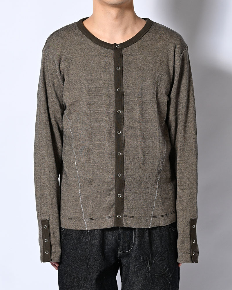 STITCH PANEL RIBBED CARDIGAN -BROWN-