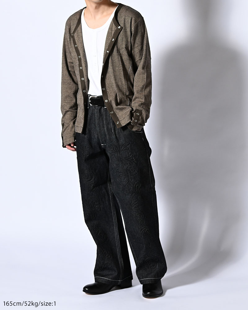 STITCH PANEL RIBBED CARDIGAN -BROWN-