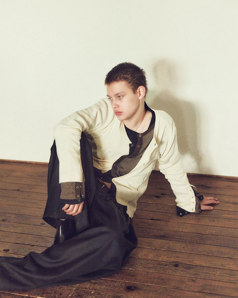 STITCH PANEL RIBBED CARDIGAN -BROWN-