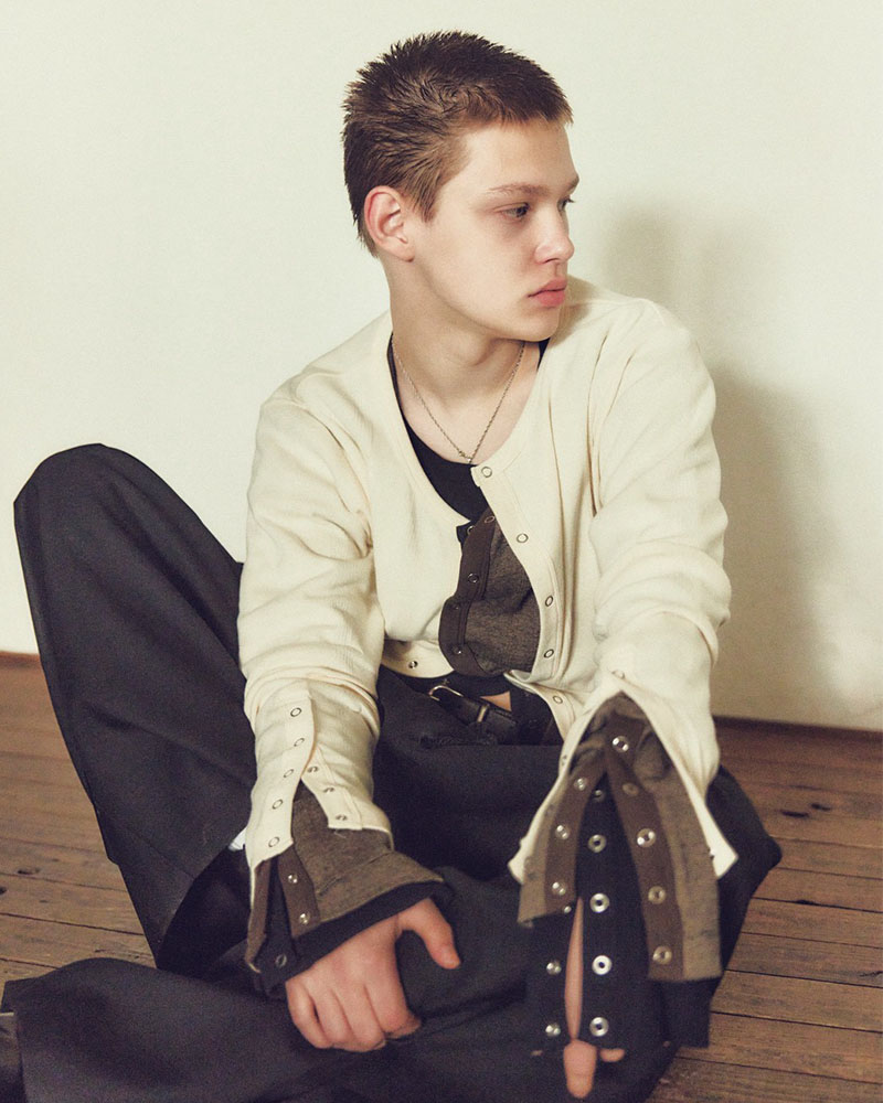 STITCH PANEL RIBBED CARDIGAN -BROWN-