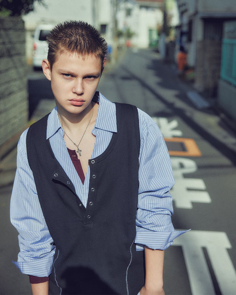 STITCH PANEL RIBBED TANKTOP -BLACK-