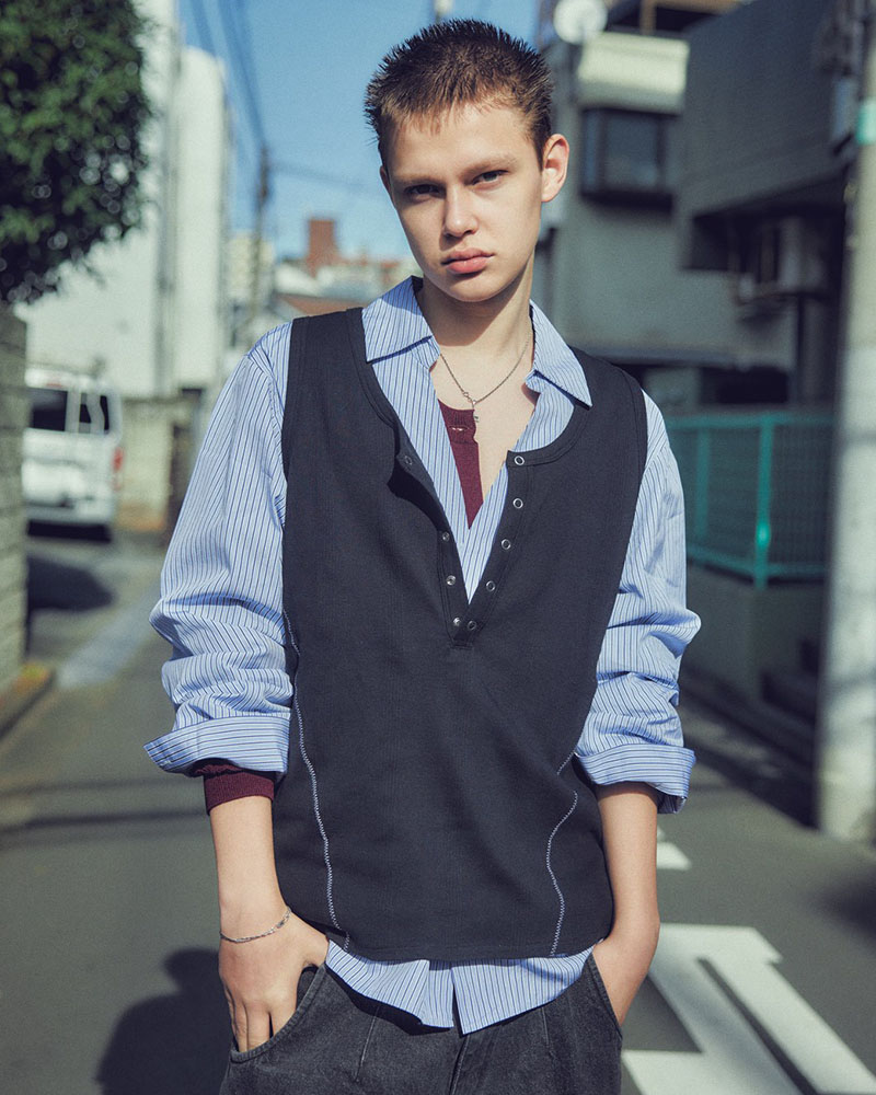 STITCH PANEL RIBBED TANKTOP -WHITE-