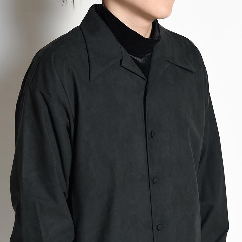 SYNTHETIC LEATHER OPEN COLLAR BIG SHIRT -BLACK-