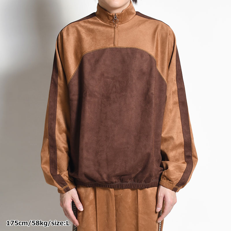 FAUX SUEDE MOCKNECK HALF ZIP -CAMEL×DARK BROWN-