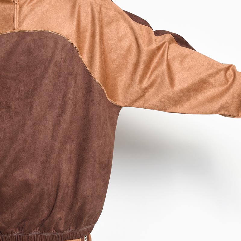 FAUX SUEDE MOCKNECK HALF ZIP -CAMEL×DARK BROWN-