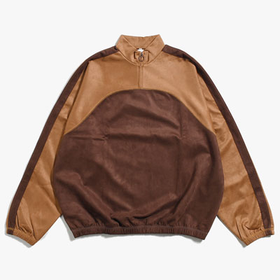 FAUX SUEDE MOCKNECK HALF ZIP -CAMEL×DARK BROWN-