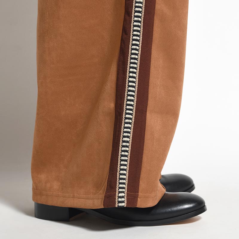 FAUX SUEDE FLARE SILHOUETTE TRACK PANTS -CAMEL-