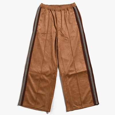 FAUX SUEDE FLARE SILHOUETTE TRACK PANTS -CAMEL-