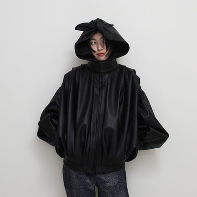 OMOCHI LEATHER BOW JKT -BLACK-