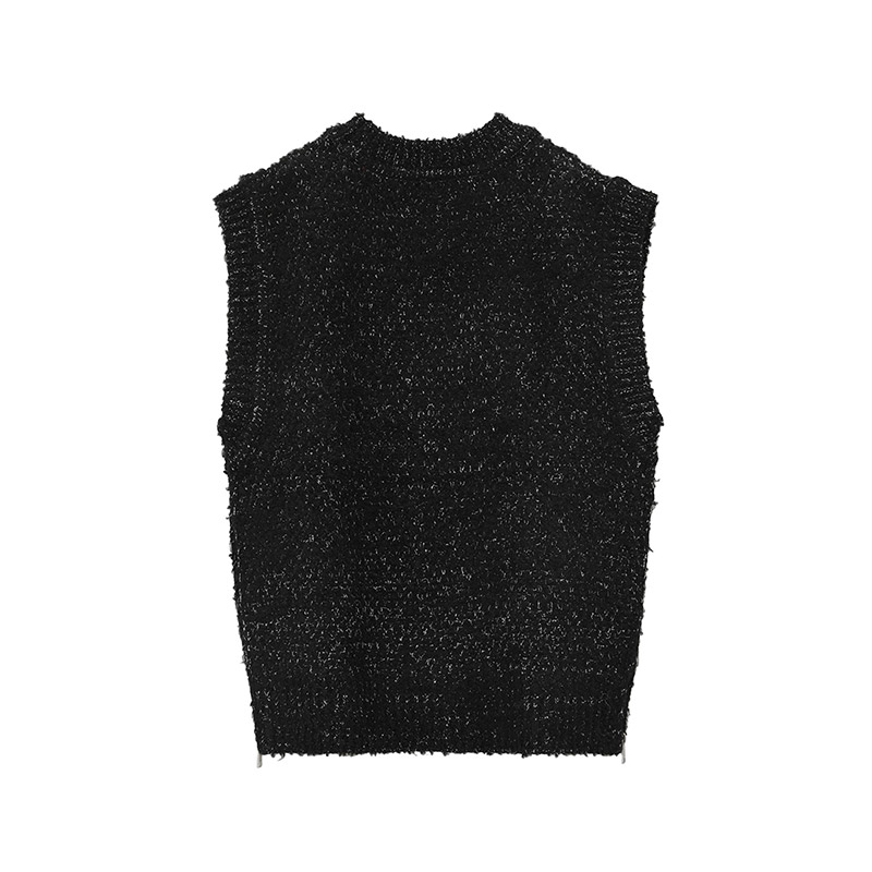 SIDE ZIP TWEED KNIT VEST -BLACK- | IN ONLINE STORE