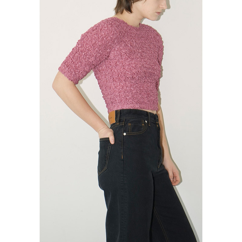 W FACE SHIRRING CROPPED TOPS -PINK-