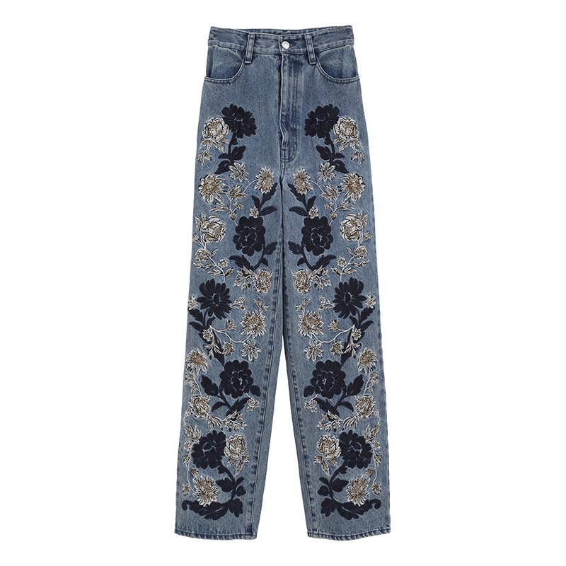 FLOWER EMBROIDERY PANTS -INDIGO-