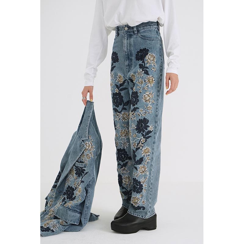 FLOWER EMBROIDERY PANTS -INDIGO-