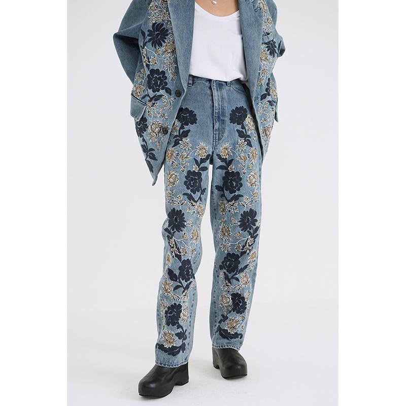 FLOWER EMBROIDERY PANTS -INDIGO-