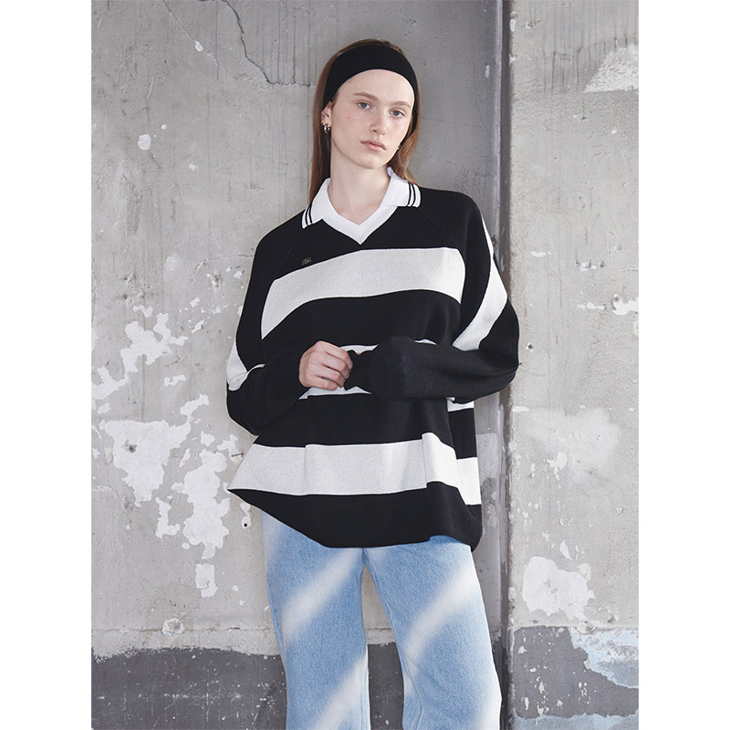 STRIPED KNIT RUGBY TOP -BLACK-