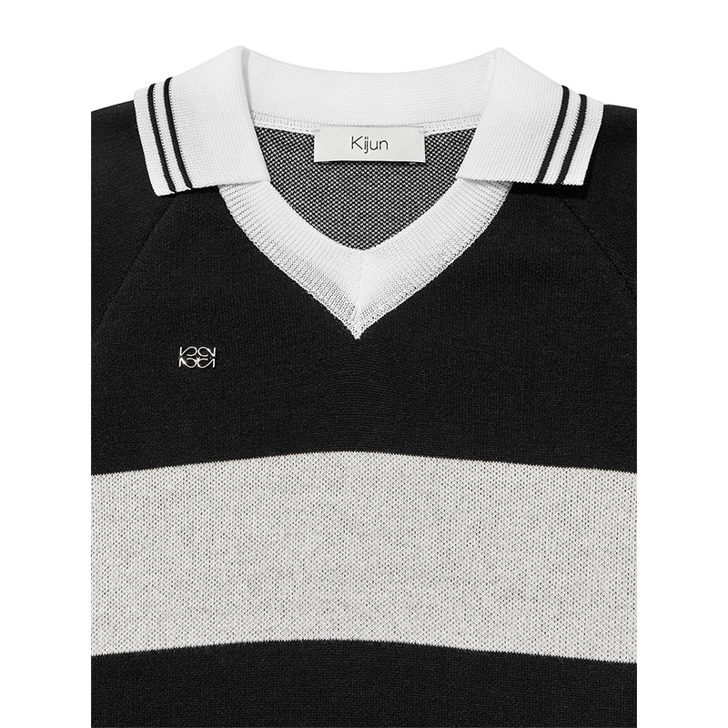 STRIPED KNIT RUGBY TOP -BLACK-