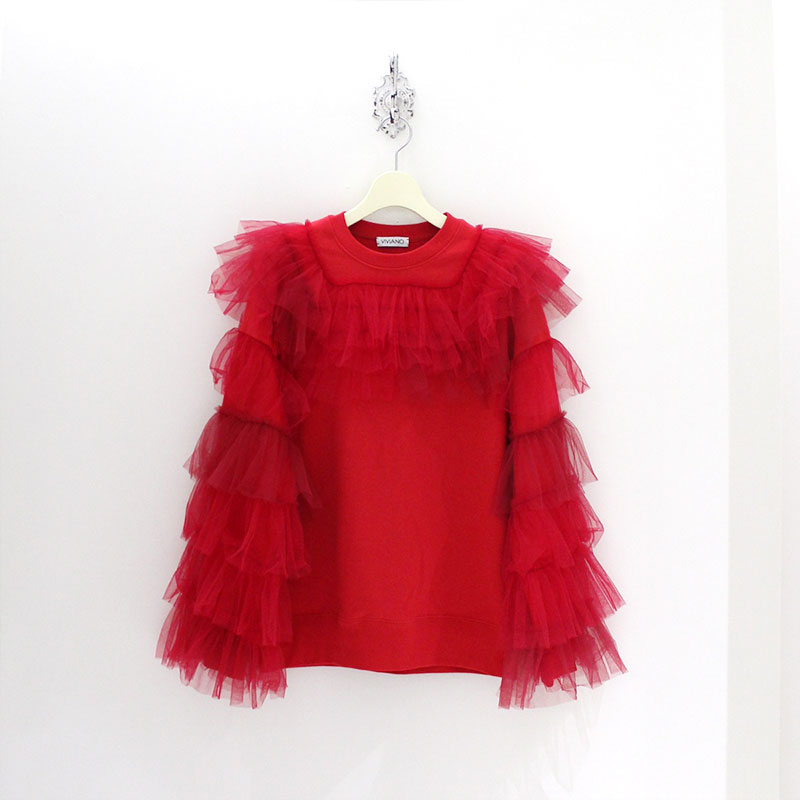 RUFFLE TRIMMED TULLE SWEAT SHIRT -RED- | IN ONLINE STORE