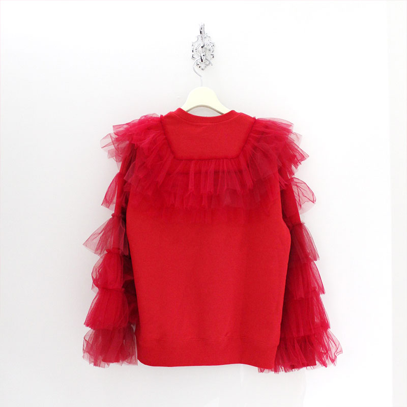 RUFFLE TRIMMED TULLE SWEAT SHIRT -RED-