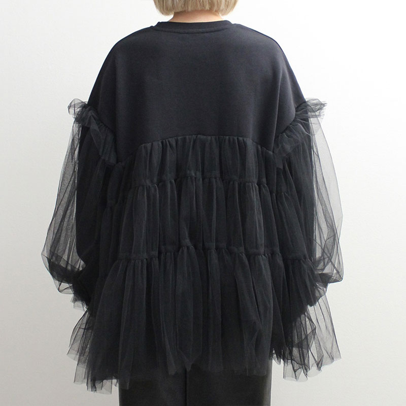 RUFFLE TRIMMED TULLE SWEAT SHIRT -BLACK-