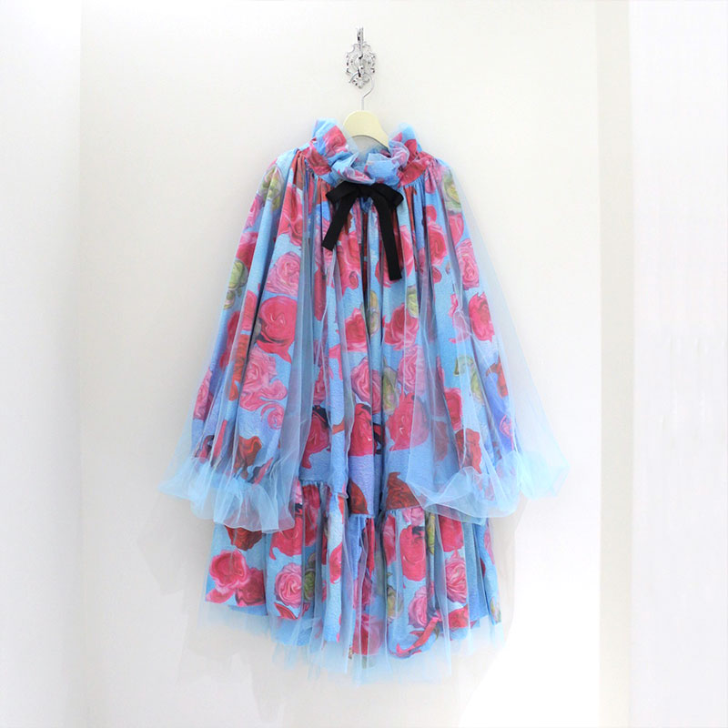 TULLE LAYERED PUFF SLEEVE DRESS -BLUE-