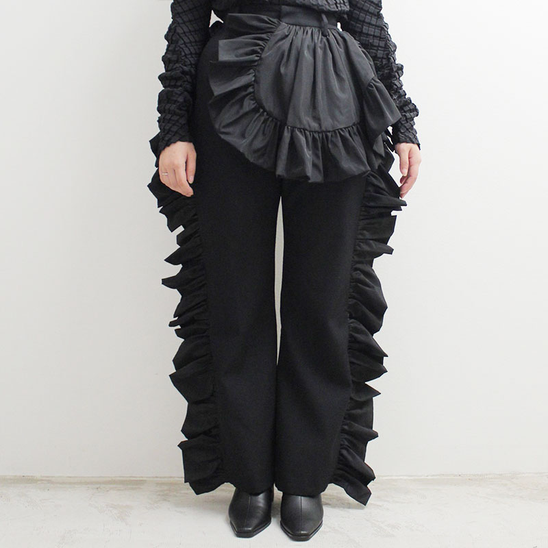 RUFFLE TRIMMED TROUSERS -BLACK-
