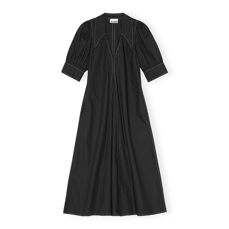 COTTON POPLIN V-NECK MAXI DRESS -BLACK-