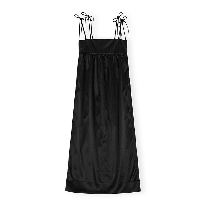DOUBLE SATIN STRING LONG DRESS -BLACK-