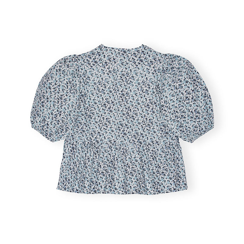 PRINTED COTTON POPLIN PEPLUM BLOUSE -BLUE-