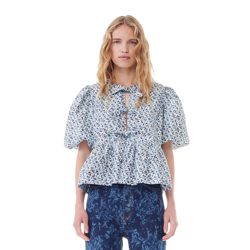 PRINTED COTTON POPLIN PEPLUM BLOUSE -BLUE-