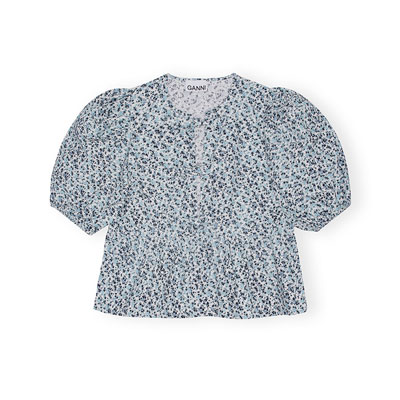 PRINTED COTTON POPLIN PEPLUM BLOUSE -BLUE-