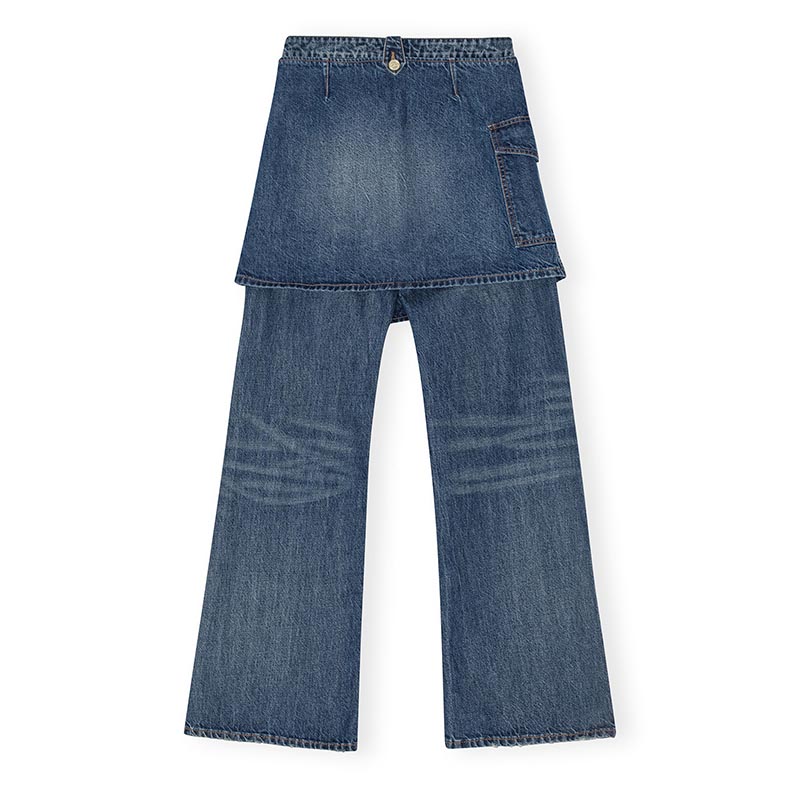 HEAVY WASHED DENIM FLARED SK JEANS -BLUE-